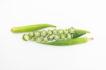 whole and slices okra or Lady Finger design isolate on white background,