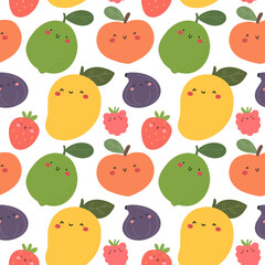 Seamless pattern of fruits and berries in cartoon style. Vector pattern.