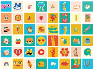 Fototapeta premium Big Set of Different colored Vector illustartions for posters in Cartoon Flat design. Hand drawn Abstract shapes, faces, different texture, greek elements, funny Comic characters.