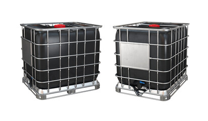 Set of two angles IBC container for liquids in black on a white background, 3d render
