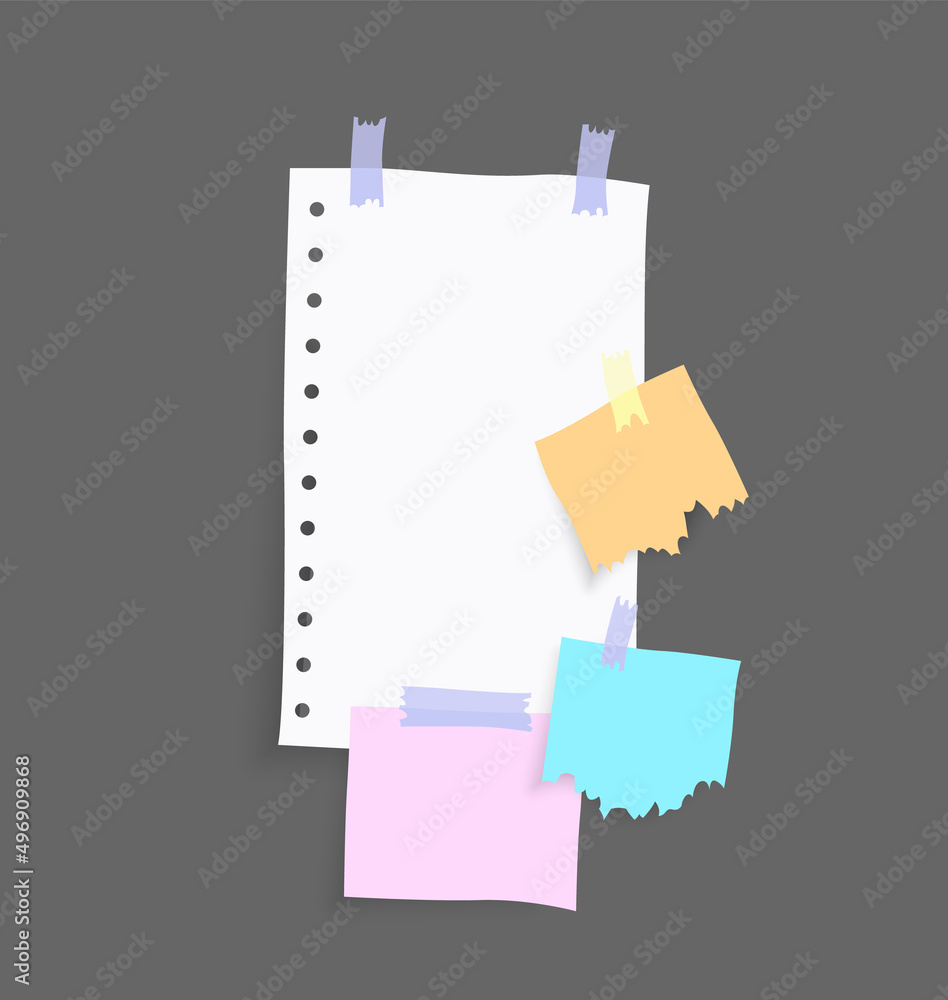 Poster paper notes stickers. place for memo messages on paper sheets. attached with sticky colorful tape on
