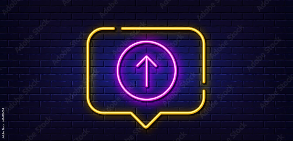 Poster neon light speech bubble. swipe up button line icon. scrolling arrow sign. landing page scroll symbo