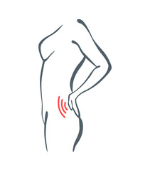 Body part pain. Woman feels pain in back marked with red lines. Vector foci of pain or trauma symbols, grey art line illustration