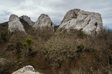 View of Stones of Temple of the Sun, Tyshlar rocks. Crimea