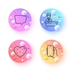 Ranking star, Speech bubble and Reception desk minimal line icons. 3d spheres or balls buttons. Money app icons. For web, application, printing. Love rank, Chat message, Hotel service. Vector