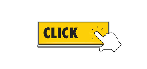 Click here button with hand clicking icon. Vector design.