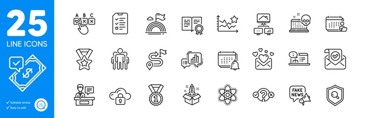 Outline icons set. Accounting, Confirmed mail and Online documentation icons. Cloud protection, Correct checkbox, Accepted payment web elements. Journey, Ranking stars, Startup signs. Vector