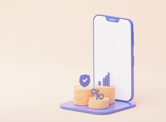 Analytical graphics on a mobile device. With a percentage sign and a shield. The concept of marketing, strategy and growth. 3d rendering