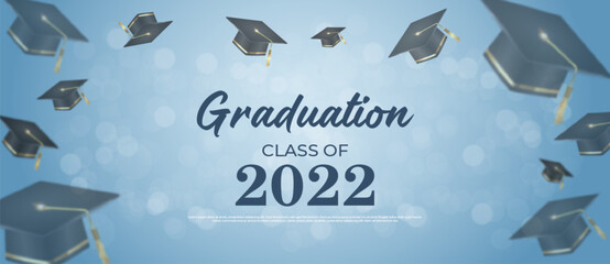 Realistic banner graduation background with flying graduation cap