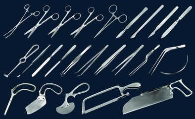 Surgical instruments set. Tweezers, scalpels, saws. Liston's knife, clamp, scissors, Folkman hook, Meyer forceps, needle, Langenbek saw, brain knife, Abraham knife, Bergman Engel Plaster saws. Vector