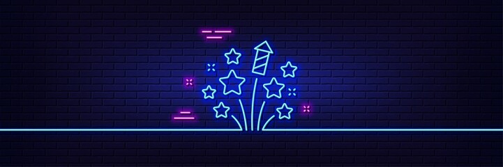 Neon light glow effect. Fireworks stars line icon. Pyrotechnic salute sign. Carnival celebration lights symbol. 3d line neon glow icon. Brick wall banner. Fireworks stars outline. Vector