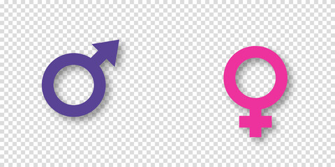 Male and female gender signs icons on transparent background. The concept of relationships and equality between men or boys and women or girls. Vector equal rights illustration © ROMAN RYBALKO