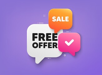 Free offer tag. 3d bubble chat banner. Discount offer coupon. Special offer sign. Sale promotion symbol. Free offer adhesive tag. Promo banner. Vector