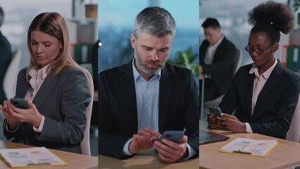 Multi-race corporate people, mature handsome businessman and two african american and caucasian businesswomen typing message smartphone in office. - Powered by Adobe
