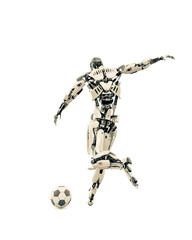 master cyber robot is kicking the football ball rear view