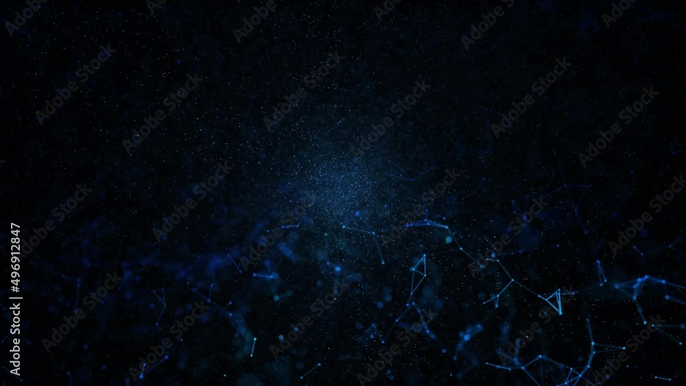 Poster loop features animated technology based shapes, connected lines and blurry flicker dots on a dark bl