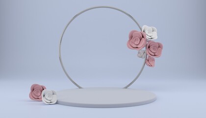 Podium, stand, showcase on pastel light, nude  background and flowers. for premium product with nature plant, leaves.3d render.