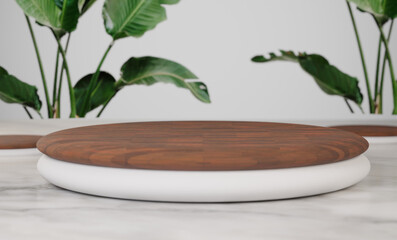 Podium, stand, showcase on pastel light, nude  background and flowers. for premium product with nature plant, leaves.3d render.