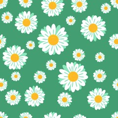 
Chamomile vector seamless pattern on a green background, bright flower.