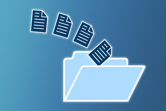 Viele digitale Dokumente werden in einem zentralen Ordner gesammelt. Konzept Dokumenten Management System, Informationssystem