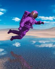 Fototapeta na wymiar astronaut is floating over with reflection on water in the desert of another planet after rain side view