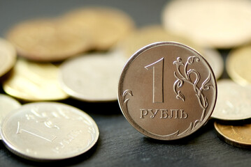 ruble coin close up on blurred background