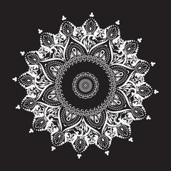 mandala, white circle on black background, symbol, indian pattern,