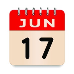 17 day of the month. June. Flip old formal calendar. 3d daily icon. Date. Week Sunday, Monday, Tuesday, Wednesday, Thursday, Friday, Saturday. Cut paper. White background. Vector illustration. 