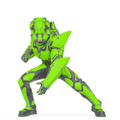 Obraz premium man in an armored nano tech suit is doing a super hero stance pose