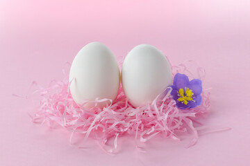Easter background.Funny eggs in the nest and flowers. Postcard with space for text in pink, toned