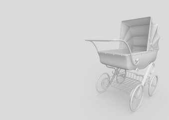 Fototapeta na wymiar victorian pram in minimalism concept on pastel background front side view with copy space