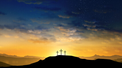 Three crosses on the hill with clouds moving on the starry sky