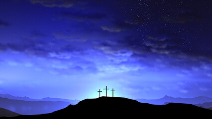 Three crosses on the hill with clouds moving on the blue starry sky