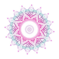 mandala, round oriental pattern, gradient pink and blue color, yoga pattern, indian ornament