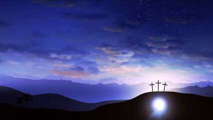 Three crosses on the hill and Jesus tomb with clouds on starry sky