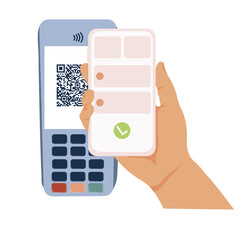 Online shopping concept vector stock illustration. Qr code payment. A hand with a smartphone pays for a purchase through a POS terminal. Isolated on a white background.