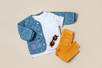 Set of kids clothes and accessories. Childrens jacket with jeans. Fashion Baby outfit for spring or autumn.