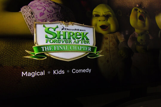 KONSKIE, POLAND - April 02, 2022: Netflix platform on tv screen playing Shrek Forever After movie