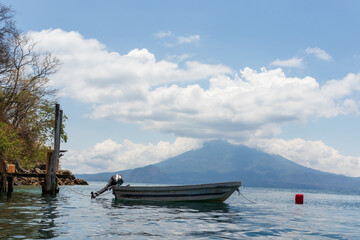 docked boat on the shores of lake atitlan, Guatemala