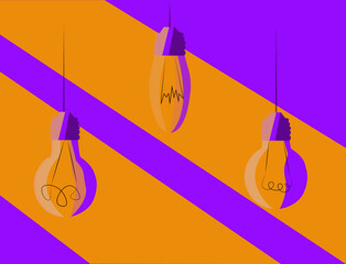 Three glowing lamps in yellow and purple color. 