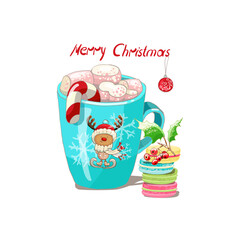 Christmas blue cup with a deer, hot chocolate, marshmallows and sweets, a cake and a holly branch, a hand-drawn Christmas card