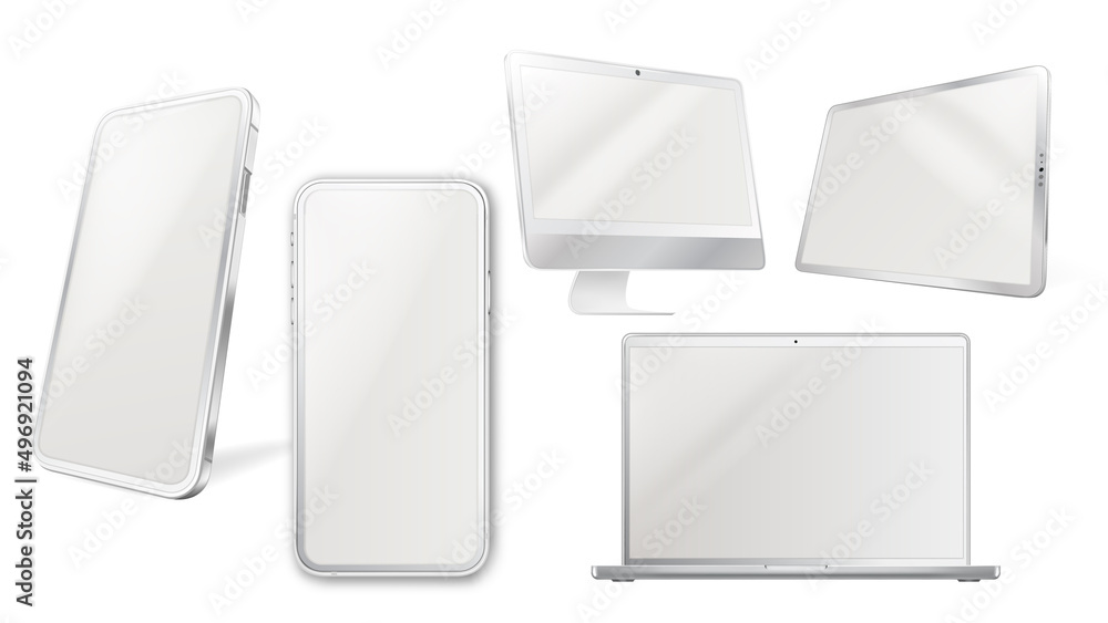 Poster smartphone, tablet and laptop display set vector. mobile smart phone and tablet, notebook and comput