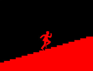 man running on the career ladder, success, character, happy, red arrow, vector illustration