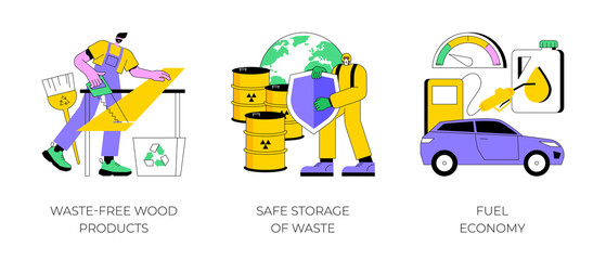 Fototapeta premium Green solutions abstract concept vector illustration set. Waste-free wood products, safe storage of waste, fuel economy, zero waste products, sorting and recycling, electric car abstract metaphor.