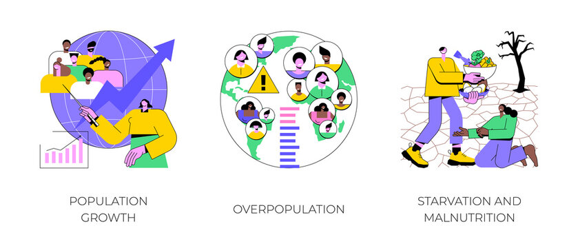 Demographics abstract concept vector illustration set. Population growth, overpopulation, starvation and malnutrition, human quantity growth, hunger and lack of food, urbanization abstract metaphor.