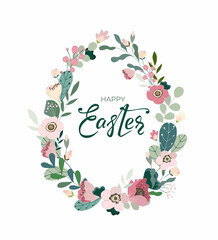 Happy Easter banner with hand drawn lettering text and egg frame from color leaves, flowers on white background. Decorative cute card for festive invitation, design elements. Vector illustration.