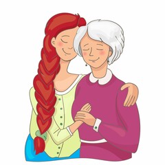 Mother with daughter young and old women hugging. Mothers Day. Flat style