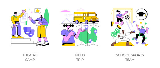 Fototapeta na wymiar Afterschool activity abstract concept vector illustration set. Theatre camp, field trip, school sports team, summer camp, excursion for pupils, exercise and tournament, training abstract metaphor.
