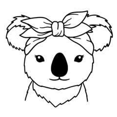 Fototapeta premium Koala black and white hand drawn portrait. Koala with bandana. Koala face in line. Cute muzzle Koala. Good for posters, t shirts, postcards.