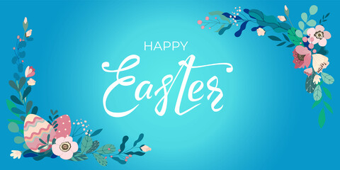 Fototapeta na wymiar Happy Easter banner with hand drawn lettering text and colorful eggs, leaves and flowers on brigt blue. Beautiful floral background, cute card for festive invitation, design. Vector illustration.